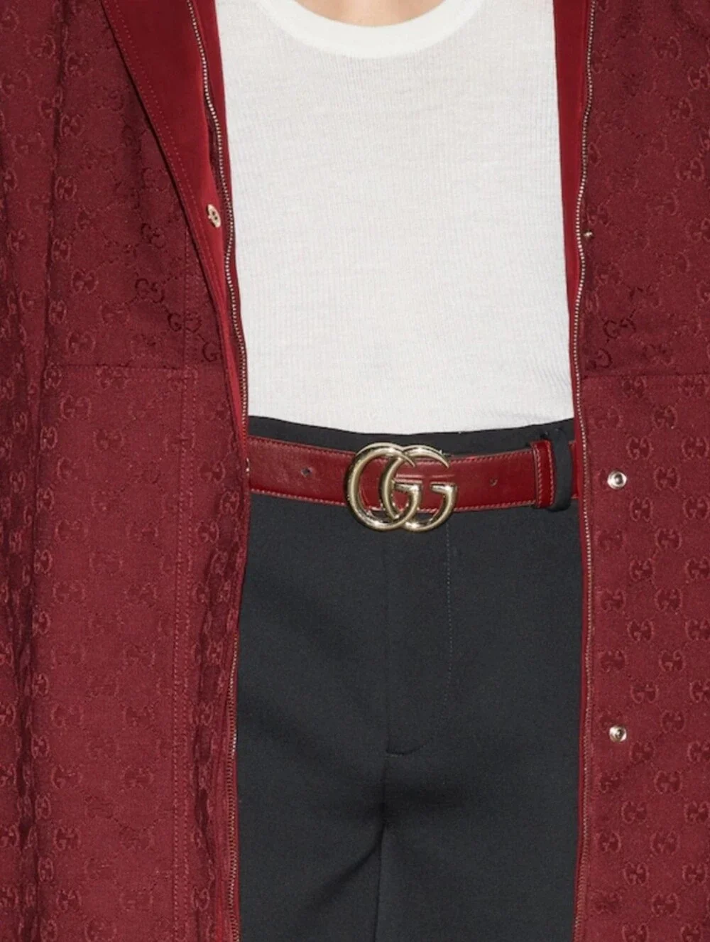 Gucci Rosso Ancora Dark Red Thin GG Marmont Leather Belt Shiny Gold Buckle